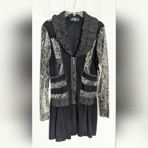 Womens (L) Black&Gray Front-Zip Cardigan w/Ruched V-Neck Collar & Sheer Sleeves